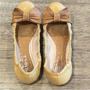 Prada Women's Yellow and Brown Flats with Bow- size 39.5